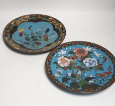 Two Japanese cloisonné enamel dishes, 30cms diameter