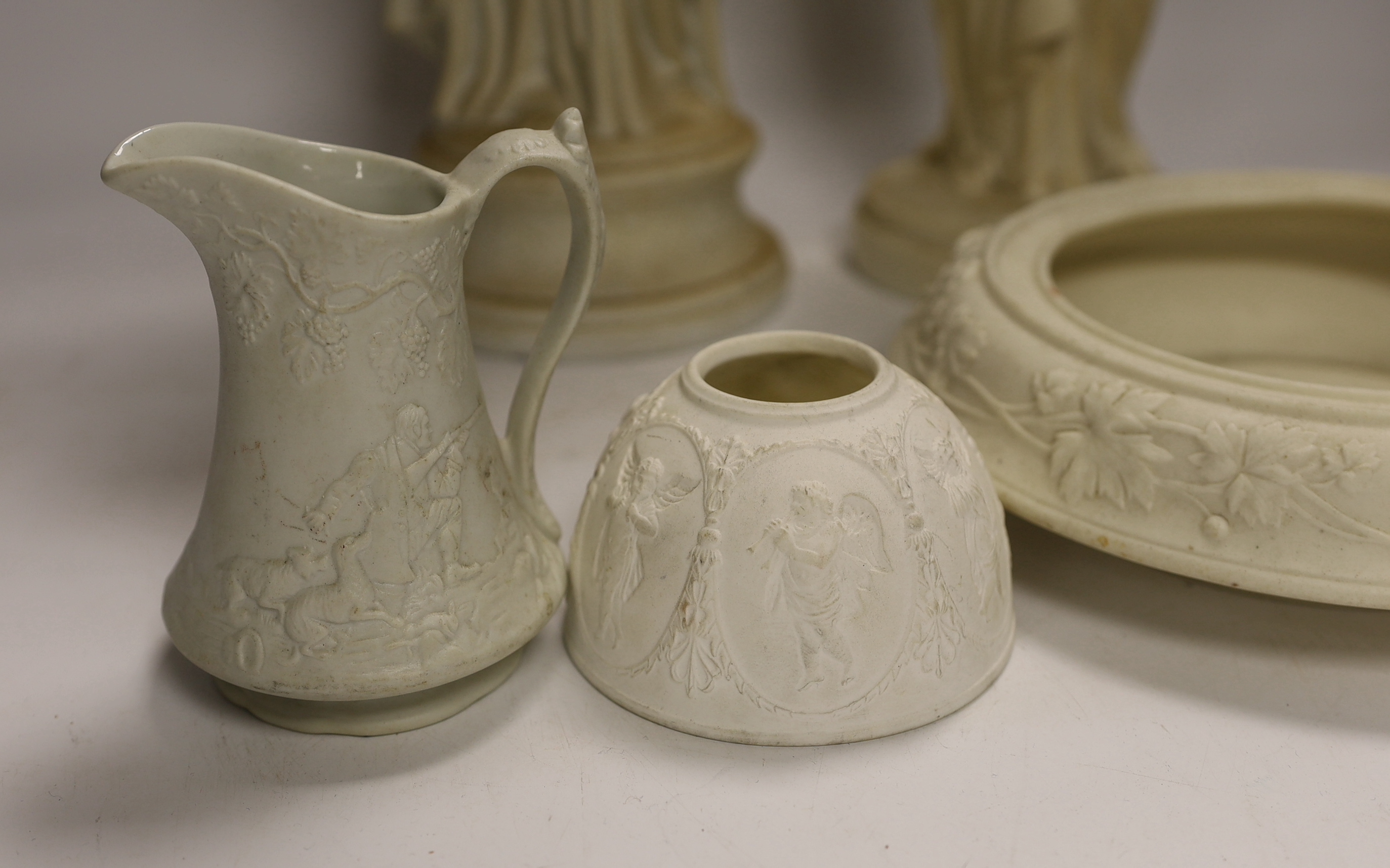 A collection of parian ware including figures and a small Portmeirion jug, tallest 38.5cm (6) - Image 4 of 5