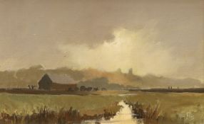 Vic Ellis (1921-1984) oil on canvas, landscape with farm buildings, signed, 24 x 39cm, ornate gilt