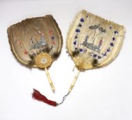 Two feather and bone handled Regency feather fans, the feathers hand painted with Chinese figures