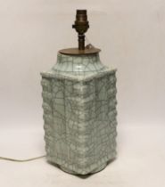 A Chinese crackle glaze Cong vase converted to a table lamp, early 20th century, 29cm high