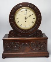 A 19th century mahogany mantel timepiece, enamelled dial signed Watts, Fenchurch, 48cm high