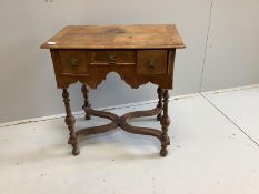 A small 18th century style feather banded walnut lowboy, width 73cm, depth 49cm, height 74cm