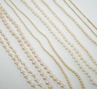 Five assorted single strand cultured pearl necklaces, including four with 9ct clasps, largest 47cm