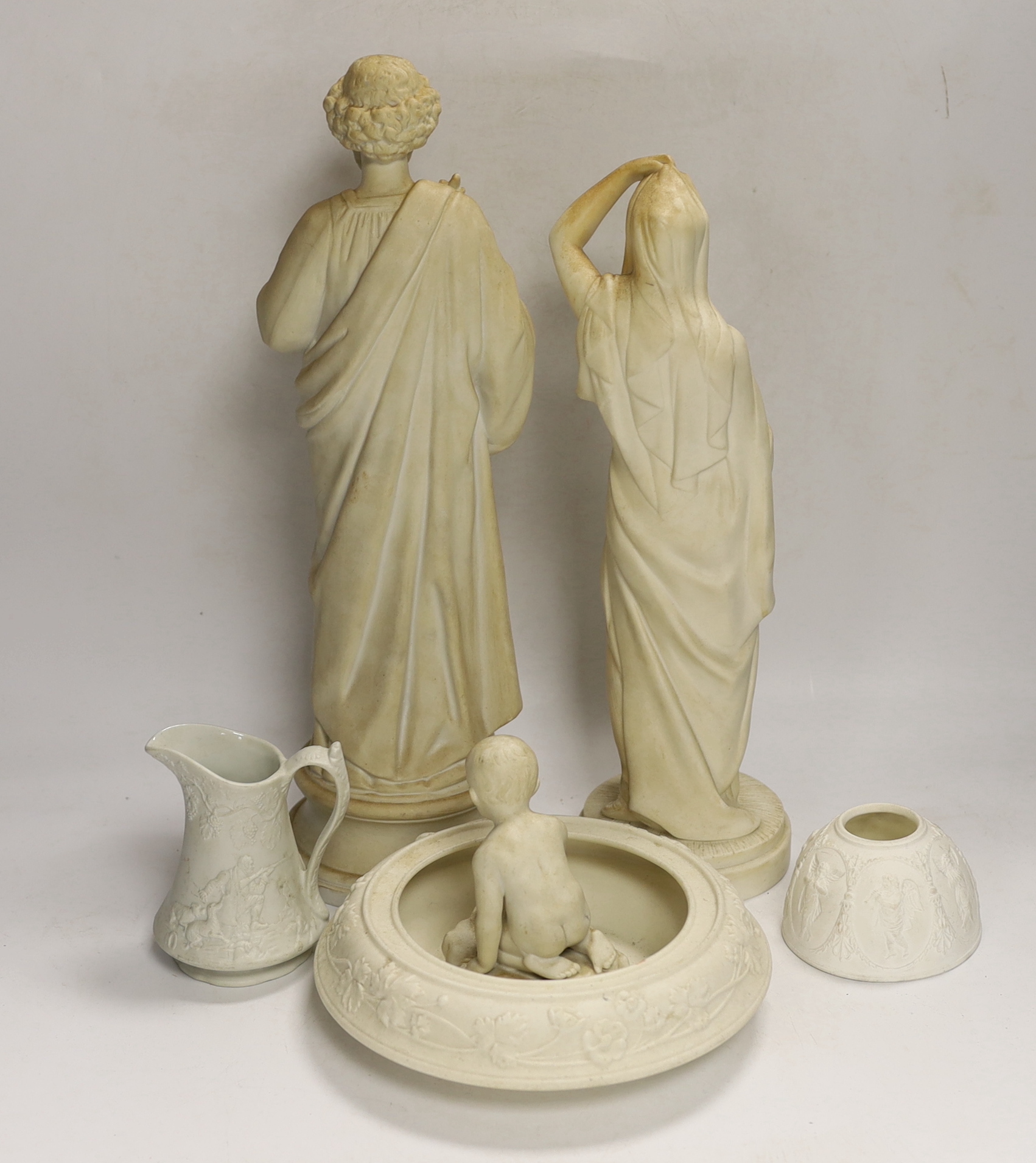 A collection of parian ware including figures and a small Portmeirion jug, tallest 38.5cm (6) - Image 5 of 5