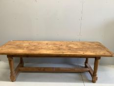 A Victorian style rectangular pine kitchen table, width 246cm, depth 87cm, height 74cm