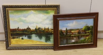 Nazzareno D'Angelo, two oils on canvas, Stream before cottages and Bruges landscape, one signed,