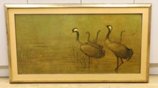 Helene Whitwell, painted and framed lacquer panel depicting cranes 60x120cm