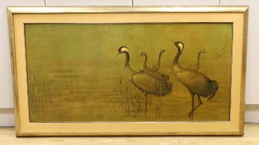 Helene Whitwell, painted and framed lacquer panel depicting cranes 60x120cm