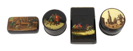 * * Four Russian lacquer boxes, by Lukutin, c.1840-60, the first a rectangular snuff box finely