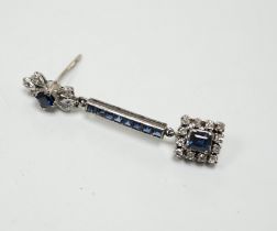 A single white metal (butterfly stamped 18), sapphire and diamond cluster set drop earring, 45mm,