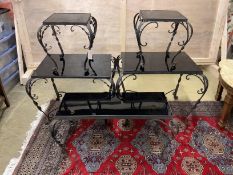 Set of five wrought iron glass top occasional tables, largest height 54cm