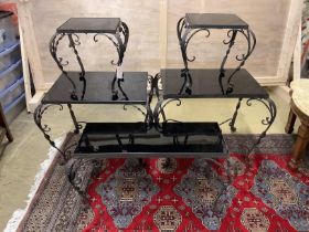 Set of five wrought iron glass top occasional tables, largest height 54cm