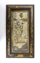 A framed 17th century stumpwork embroidery panel, embroidered with a central figure of a nobleman or