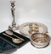 Plated wares: a pair of wine coasters, two ornate basket-edged dishes, a sugar bowl, three