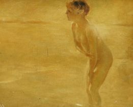 Dahl, oil on canvas board, Nude bather, signed, inscribed verso H.H Dahl, 36 x 46cm