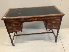 An Edwardian marquetry inlaid mahogany kneehole writing desk, width 107cm, depth 50cm, height 73cm