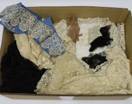 19th century mixed hand made and machine lace: a cream lace needle run bonnet veil, a similar