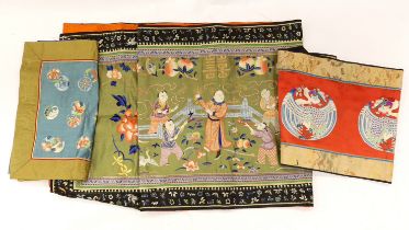 A long Chinese silk embroidered runner embroidered with the figure of Fu and boys, symbolic peaches,