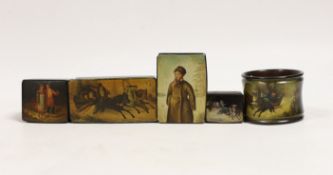 Four small Russian lacquer snuff boxes and a napkin ring, by Vishnyakov, painted with Troika and