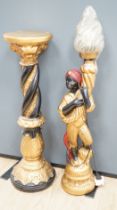 A moulded composition Blackamoor floor-lamp with glass torch shade, on stand, 158cm high