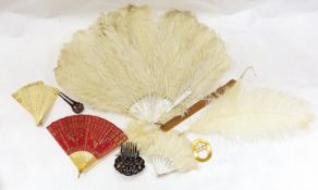 A Regency sequin and horn fan, a bone brise fan, a large white feather fan and a similar miniature