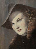 Oil on canvas, Portrait of a lady with fur collar, possibly a movie star, 42 x 32cm