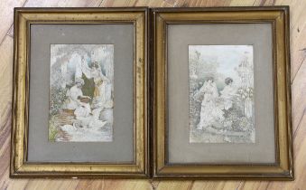 A pair of framed silk needlework panels, one of two ladies feeding a swan, the other of them cutting