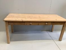 A Victorian style rectangular pine kitchen table, fitted drawer, length 103cm, width 76cm, height