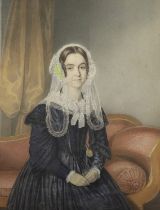 W.W. Waite (19th. C), watercolour on card, Portrait of a seated lady wearing a lace bonnet and