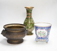Three Chinese metalware items, a cloisonné vase, an enamel vase, and a brass censor, vase 25.5cm