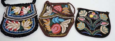 Three mid to late 19th century North American Indian glass beaded velvet bags