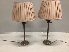 A pair of contemporary gilt metal palm tree table lamps and shades, height 74cm
