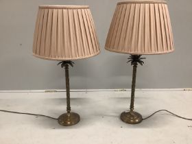 A pair of contemporary gilt metal palm tree table lamps and shades, height 74cm