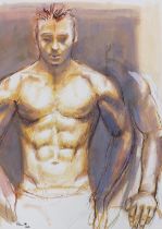 Ink and watercolour, Study of a shirtless male, indistinctly signed, 40x28cm