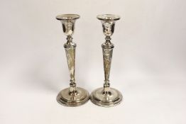 A pair of modern silver mounted candlesticks, London, 2005, 22.3cm.