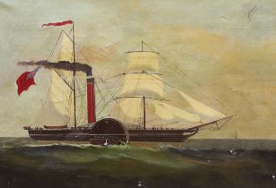 19th century English school, maritime interest oil on canvas, Paddlesteamer, William Fawcett, 46 x