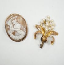 A 14K yellow metal and cultured pearl cluster set floral brooch, 52mm, gross weight 7 grams,