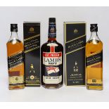 A Lamb's 151 proof 1960's bottle of Navy rhum and two bottles of Johnnie Walker black label whisky