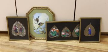 Five Chinese Canton gouache mulberry leaf paintings, framed as three, together with a watercolour