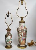 A late 19th century Chinese famille rose vase and another, both mounted and converted to lamps,