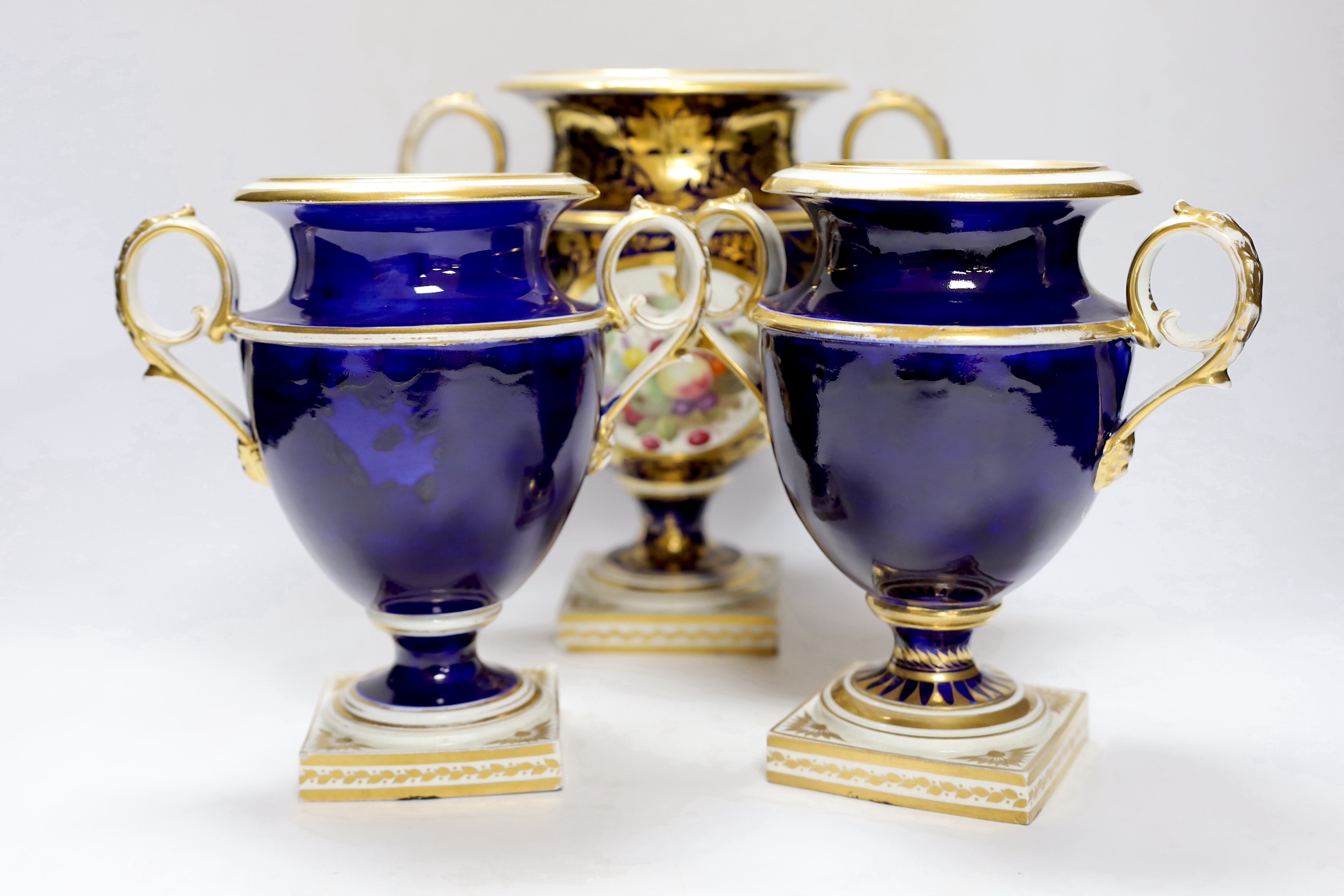 A garniture of three early 19th century Derby vases painted with fruit, tallest 23cm - Image 3 of 9