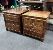 A pair of Chinese hardwood three drawer bedside chests, width 50cm, depth 50cm, height 56cm