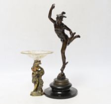 A small bronze model of Hermes, after the Antique, together with a small tazza with cast brass