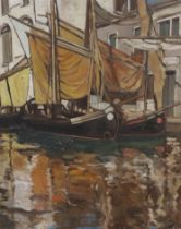 Continental School, oil on canvas, Moored boats, 56 x 46cm, unframed