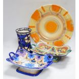 Art Deco ceramics, including two Carltonware dishes, a Shelley plate, and a vase, plate 36cm