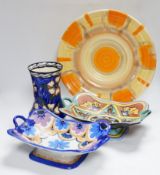 Art Deco ceramics, including two Carltonware dishes, a Shelley plate, and a vase, plate 36cm