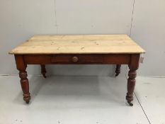 A Victorian rectangular pine kitchen table, fitted drawer, width 152cm, depth 91cm, height 75cm