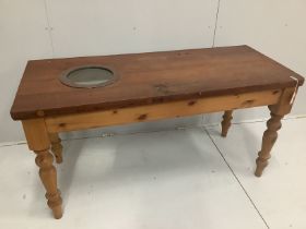 A 19th century teak ship's door, now as a kitchen table, width 155cm, depth 65cm, height 79cm