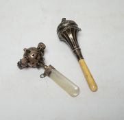 Two baby's silver rattles, Edwardian with mother of pearl handle, Birmingham, 1908, 10cm and later